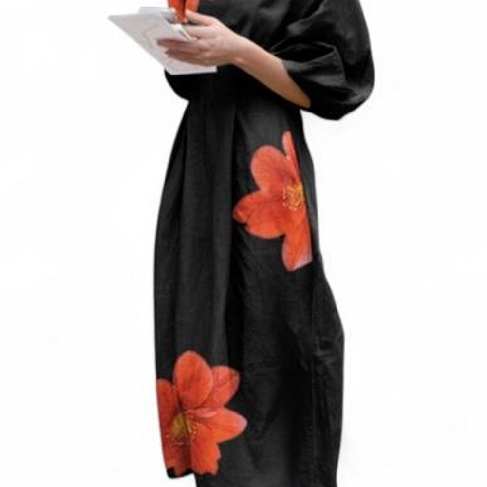 OSHOPLIVE Women's Half Sleeve Loose Flower Print Round-Neck Midi Dress